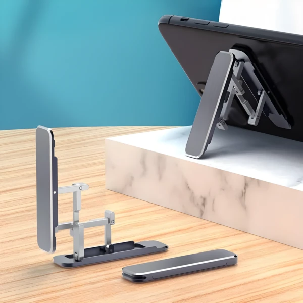 Soporte para celular plegable, ajustable, plateado, ideal para tablet.