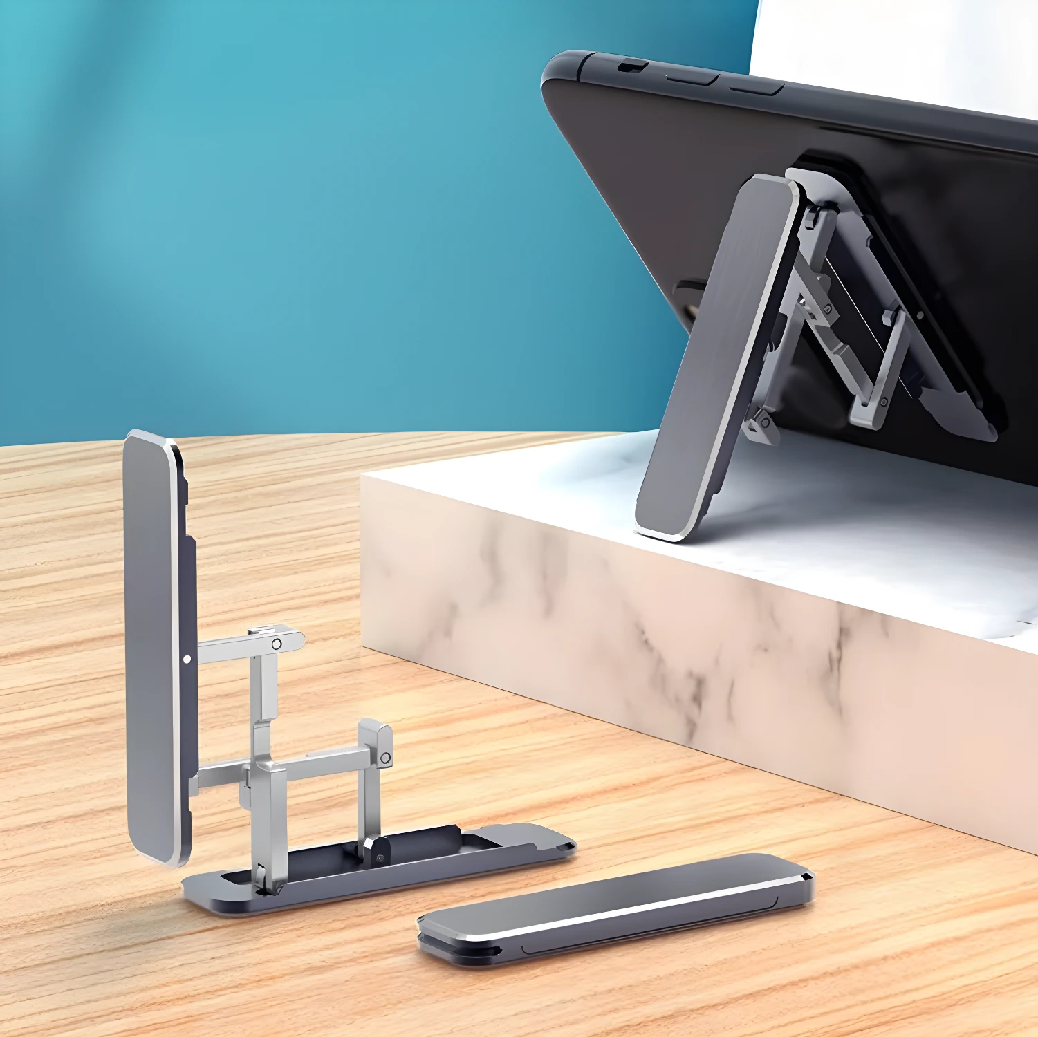 Soporte para celular plegable, ajustable, plateado, ideal para tablet.