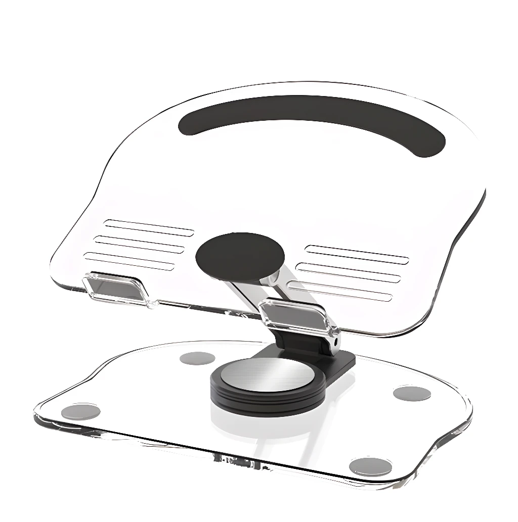 Soporte 360° para tablet o celular KF-Z11, diseño transparente, base giratoria y soporte ajustable.