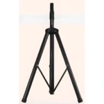 Soporte trípode negro ajustable para parlantes, diseño robusto y estable.