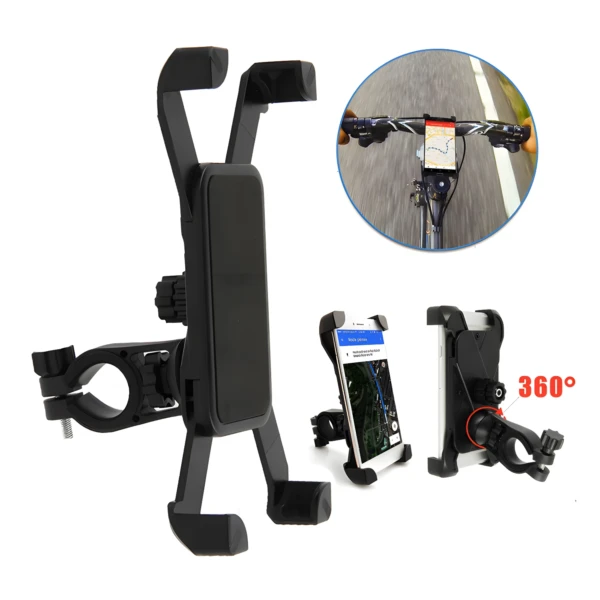 Soporte universal para celular y GPS en bicicleta o moto con vista 360°.