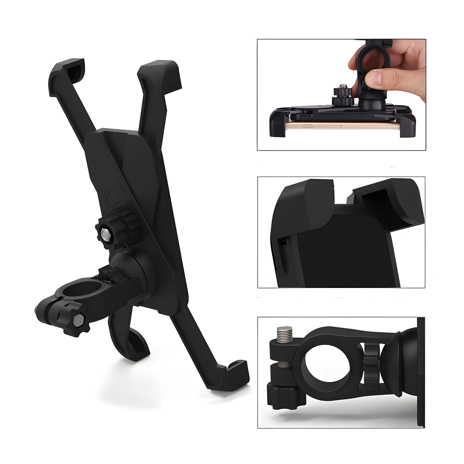 Soporte universal para celular y GPS en bicicleta o moto, negro, ajustable.