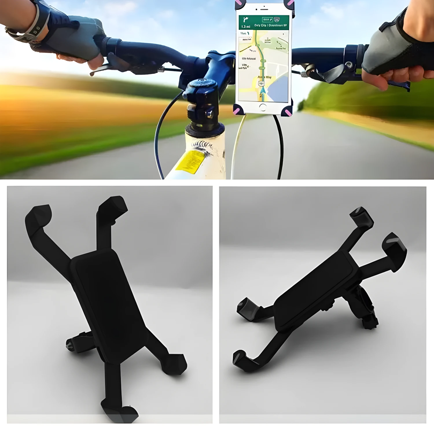 Soporte universal para celular GPS en bicicleta con vista frontal y de producto.