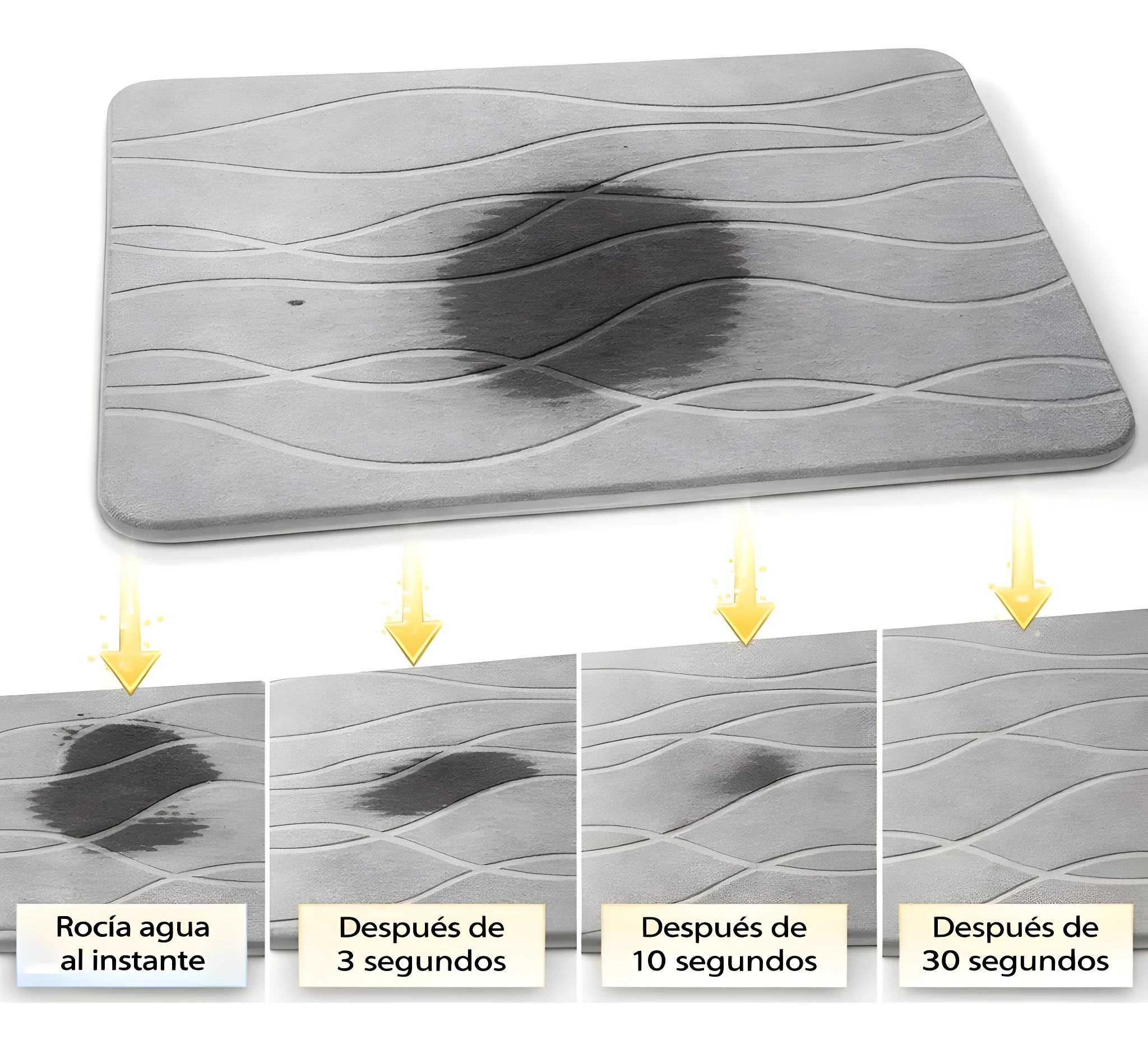 Tapete texturizado gris de tierra de diatomeas que absorbe agua rápidamente, mostrado en 4 etapas de secado.
