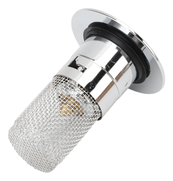 Tapón de desagüe universal cromado con rejilla protectora y sello de goma.