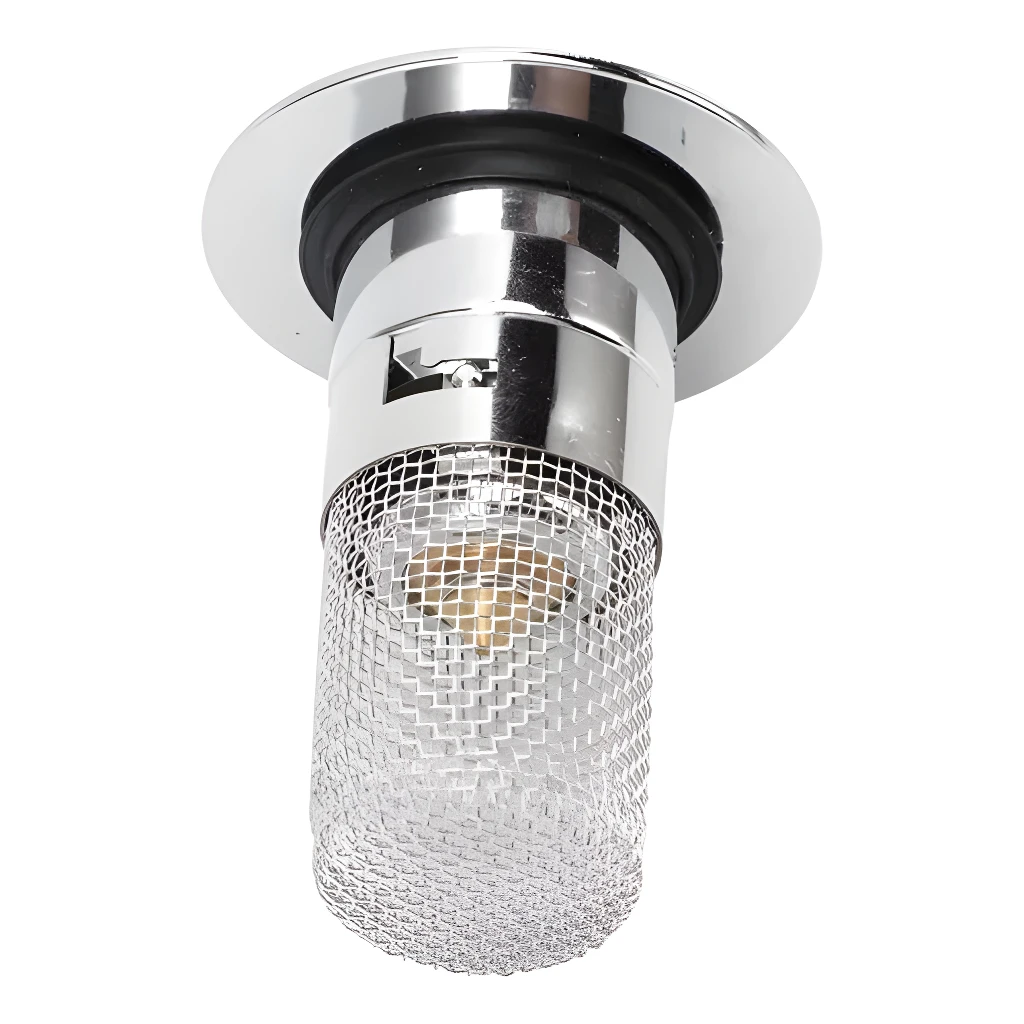 Tapón de desagüe universal cromado con rejilla protectora y empaque.