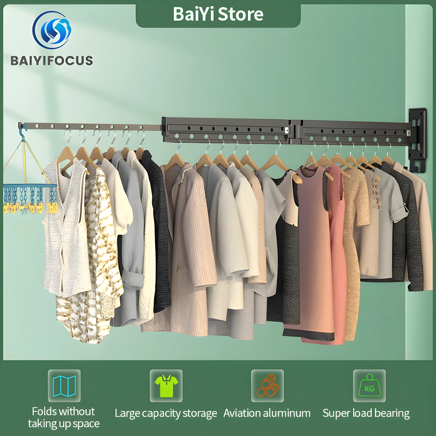 Tendedero plegable de pared con múltiples ganchos para colgar ropa, fabricado en aluminio.