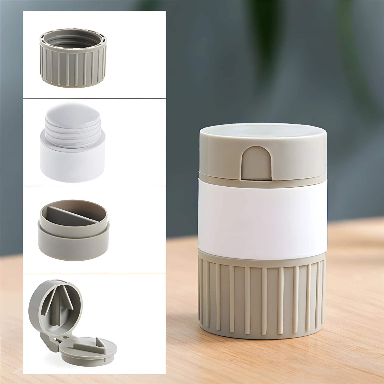 Triturador pulverizador de pastillas portátil para viajes, con compartimentos, blanco y gris.