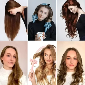 Tubo rizador de cabello sin calor en acción: rizos naturales y voluminosos.
