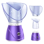 Vaporizador facial spa sauna 110V morado con accesorios transparentes.