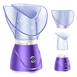 Vaporizador facial spa sauna 110V morado con accesorios transparentes.