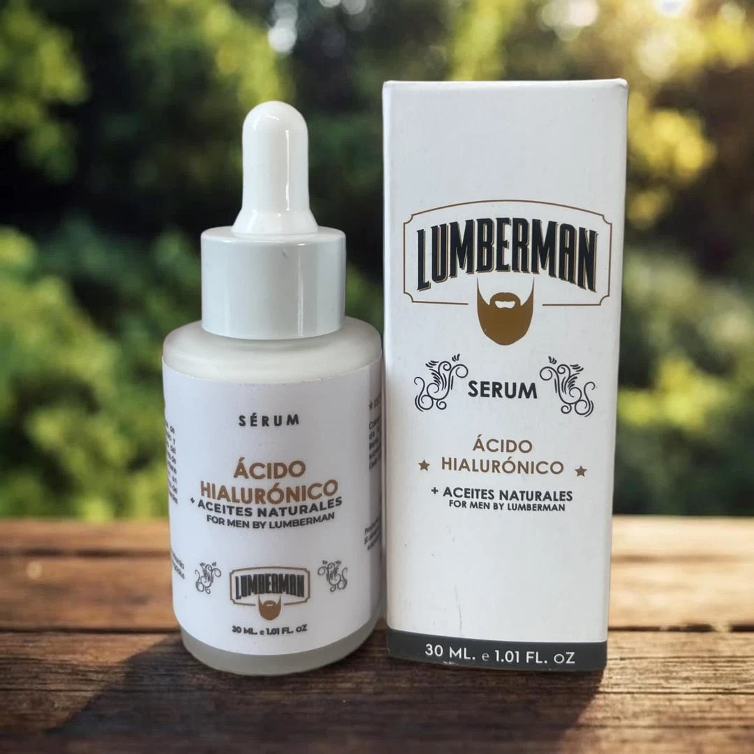 Serum Ácido Hialurónico Lumberman para hombre, botella con gotero y caja de 30 ml en exterior.
