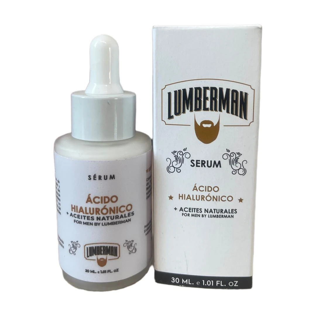Serum Acido Hialuronico For Men Lumberman con aplicador gotero y caja, 30 ml.