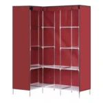 Armario ropero esquinero Pd-35 en tela, color rojo, con múltiples entrepaños y estructura metálica.