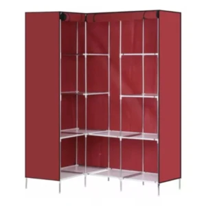 Armario ropero esquinero Pd-35 en tela, color rojo, con múltiples entrepaños y estructura metálica.