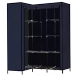 Armario ropero esquinero en tela azul oscuro con estantes y barra para colgar.