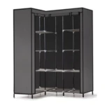 Armario ropero esquinero en tela gris Pd-35 con 4 estantes y barra para colgar ropa.