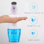 Dispensador de jabón automático blanco y azul con luz UV y sensor de espuma para manos.