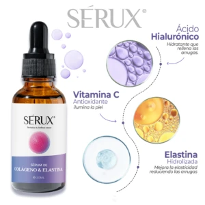 Sérum facial Sérux Colágeno & Elastina en frasco ámbar con gotero, destaca beneficios y componentes como Vitamina C.