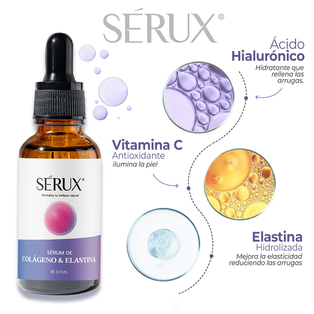Sérum facial Sérux Colágeno & Elastina en frasco ámbar con gotero, destaca beneficios y componentes como Vitamina C.