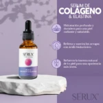 Sérum facial Sérux Colágeno y Elastina en frasco ámbar con gotero, sobre pedestal blanco.