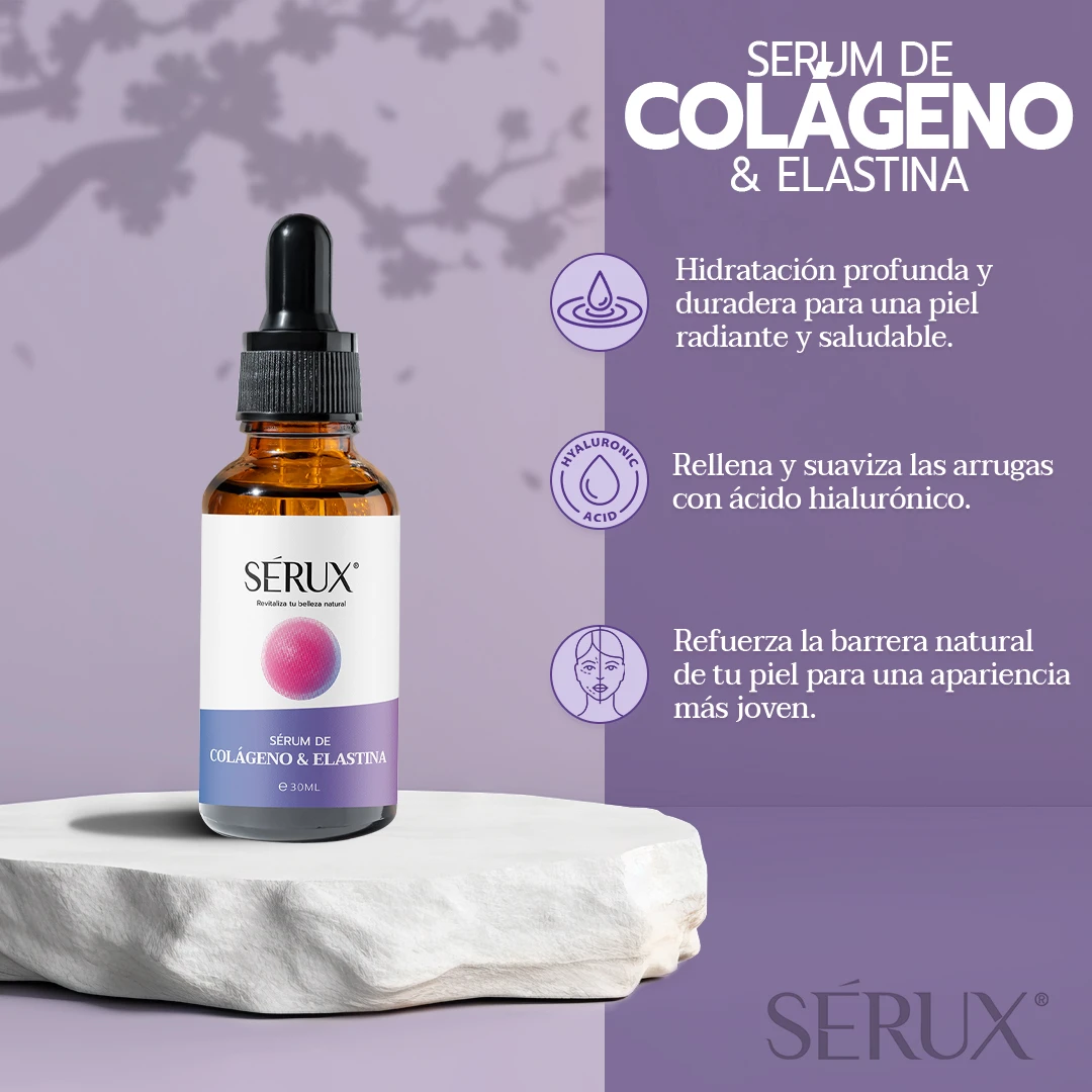Sérum facial Sérux Colágeno y Elastina en frasco ámbar con gotero, sobre pedestal blanco.