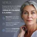 Mujer madura con piel radiante, serum de colágeno y elastina Sérux.
