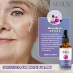 Sérum facial Sérux Colágeno y Elastina en frasco ámbar con gotero, aplicado en rostro de mujer madura.