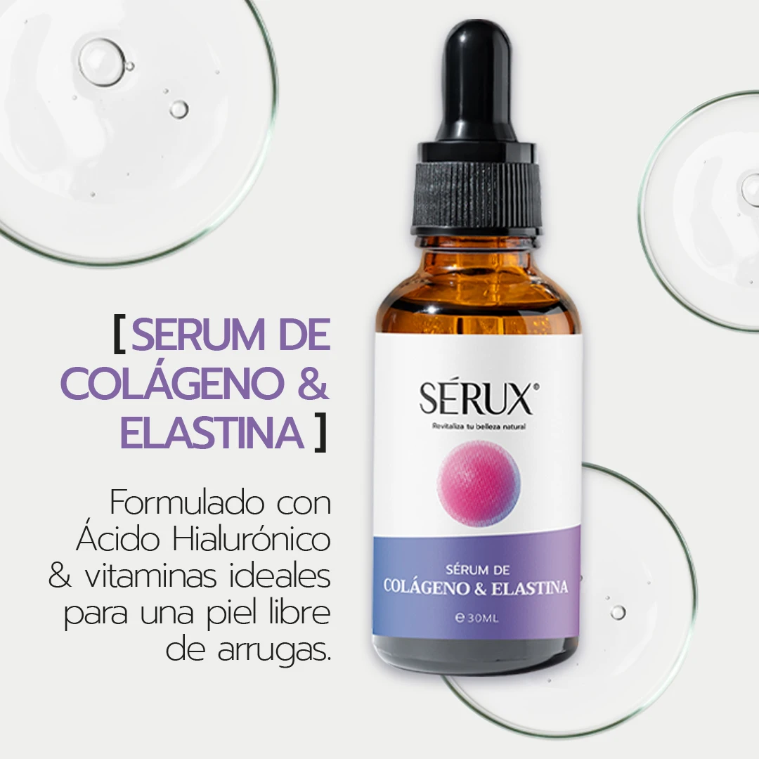 Sérum facial Sérux Colágeno y Elastina, envase ámbar con gotero, ideal para piel libre de arrugas.