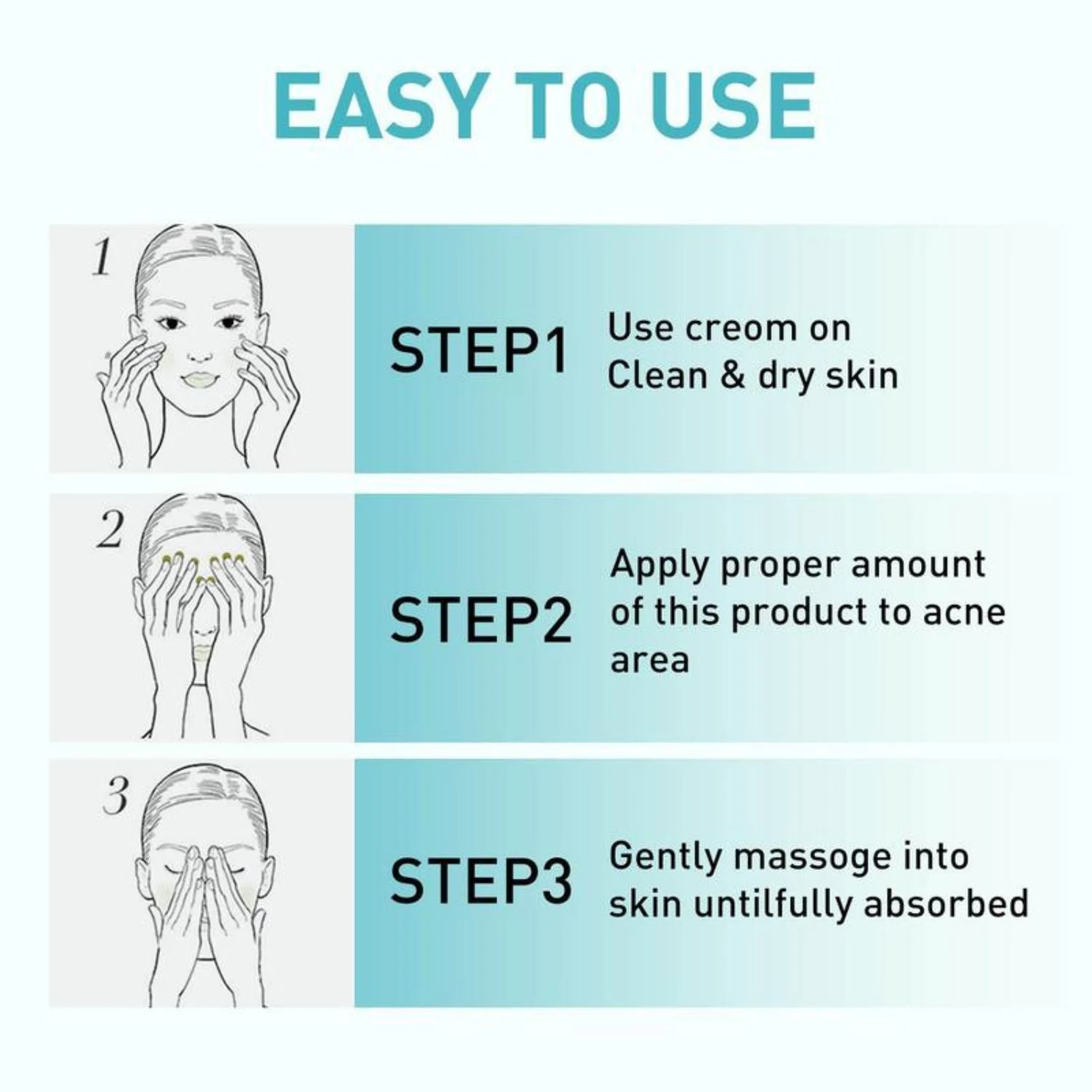 Instrucciones de uso en 3 pasos para crema de tratamiento de acné: limpiar piel seca, aplicar en zona afectada, masajear hasta absorber.