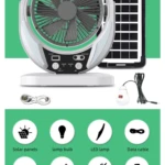 Ventilador solar multifuncional con panel, lámpara LED, USB y protección ambiental.