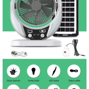 Ventilador solar multifuncional con panel, lámpara LED, USB y protección ambiental.
