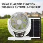Ventilador solar multifuncional con panel de carga, ideal para usar en cualquier lugar.