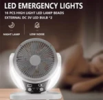 Ventilador de panel solar multifuncional con luz LED y cargador USB para emergencia.