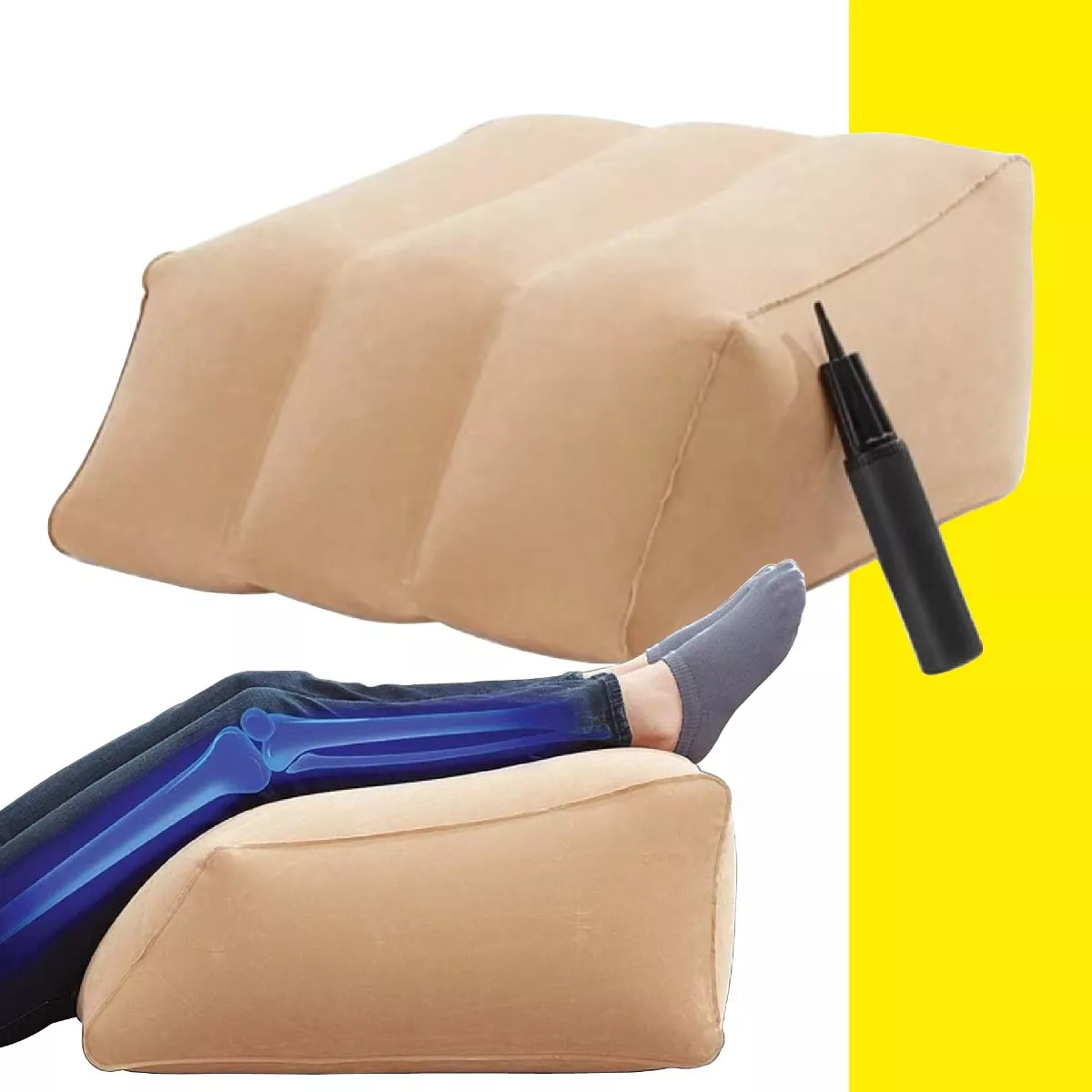 Almohada inflable beige para elevar piernas, ideal para descanso y circulación. Incluye bomba.