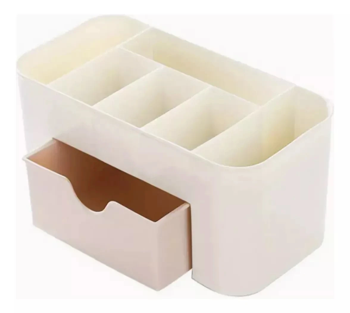 Organizador de maquillaje blanco con compartimentos y cajón beige, ideal para cosméticos.