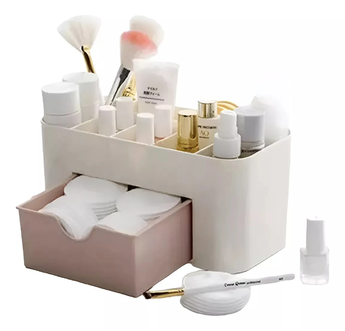 Organizador de maquillaje blanco con cajón rosa y compartimentos para cosméticos y brochas.