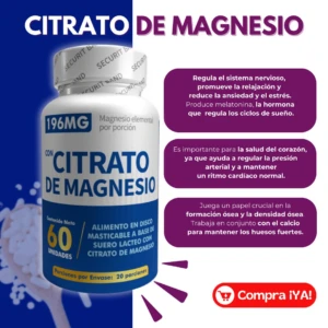 Citrato de Magnesio en envase blanco con 60 unidades masticables, promueve relajación y salud ósea.