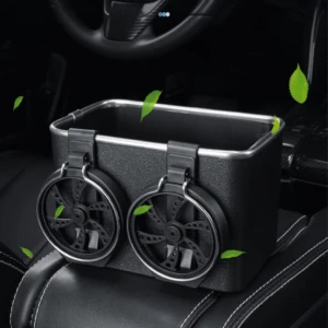 Organizador de carro negro con portavasos giratorios, ideal para el asiento del pasajero.
