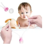 Aspirador nasal rosa para bebés con suave boquilla y tubo flexible, ideal para aliviar la congestión.