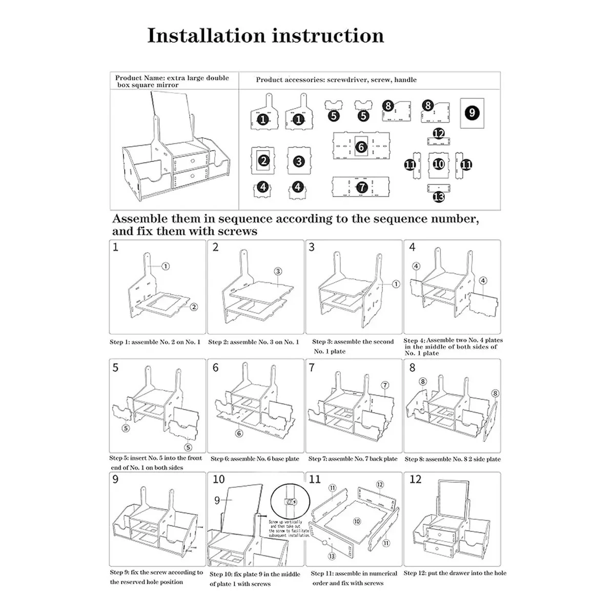 Organizador de maquillaje y joyas grande con espejo, paso a paso de montaje con piezas numeradas.