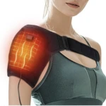 Hombrera térmica ajustable para terapia de calor, color negro, con botón de encendido y diseño ergonómico.