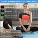 Mujer con hombrera térmica ajustable de terapia de calor, control de 3 temperaturas: rojo, azul y verde.