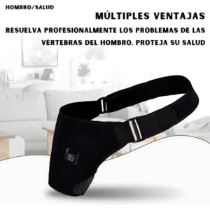 Hombrera térmica ajustable negra para alivio del dolor de hombro, con logo de encendido/apagado.