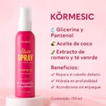 Spray Kormesic Hair Spray rosa, con glicerina, pantenol y aceite de coco, para reparar, hidratar y acondicionar cabello dañado.