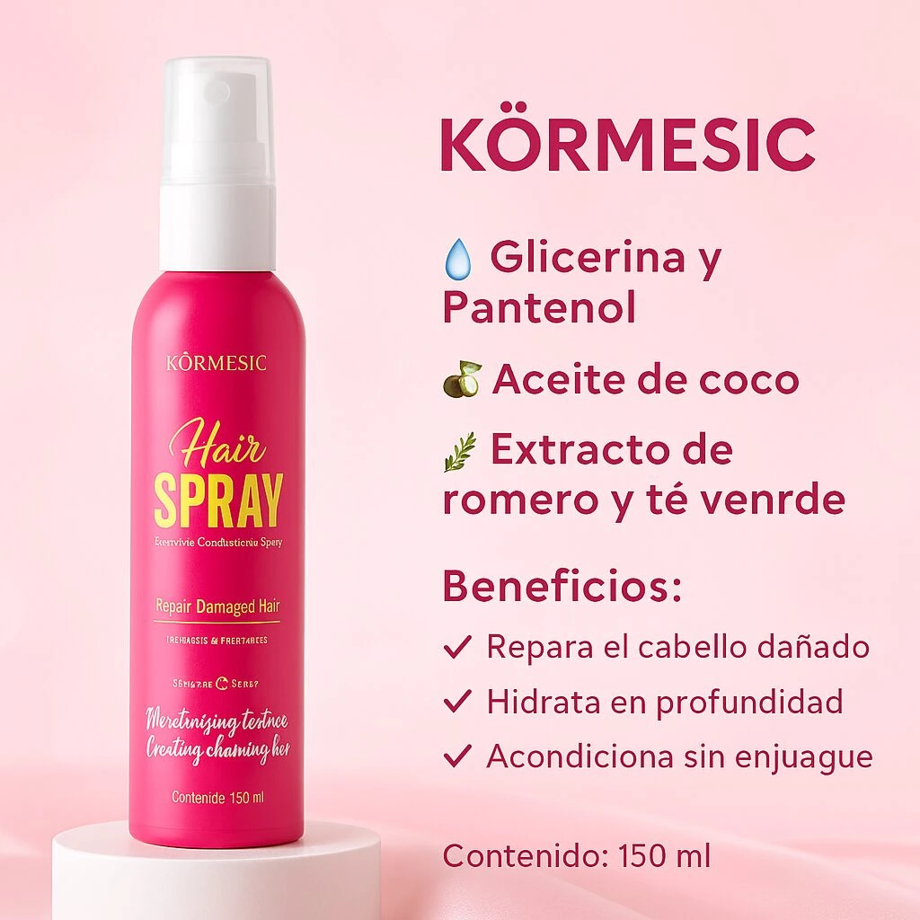 Spray Kormesic Hair Spray rosa, con glicerina, pantenol y aceite de coco, para reparar, hidratar y acondicionar cabello dañado.