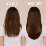 Cabello castaño antes y después de usar acondicionador sin enjuague. Antes: dañado y seco. Después: liso y brillante.