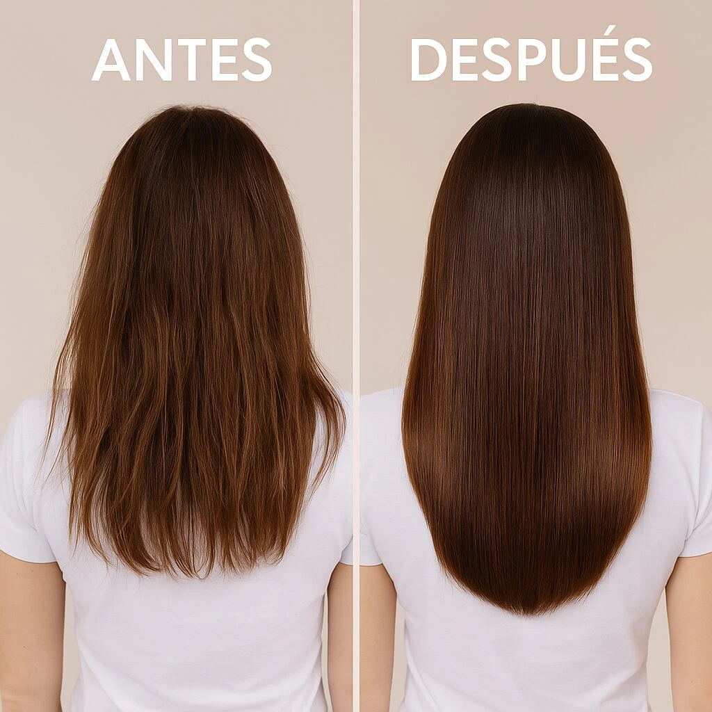 Cabello castaño antes y después de usar acondicionador sin enjuague. Antes: dañado y seco. Después: liso y brillante.
