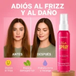 Spray Kormesic Hair Spray para el cabello rizado y dañado, antes y después, con beneficios de reparación e hidratación.