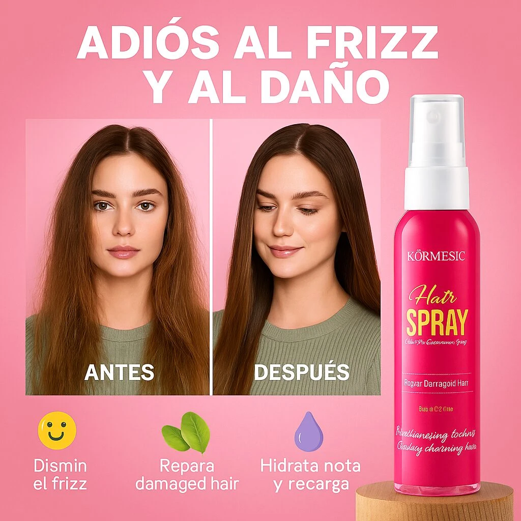 Spray Kormesic Hair Spray para el cabello rizado y dañado, antes y después, con beneficios de reparación e hidratación.